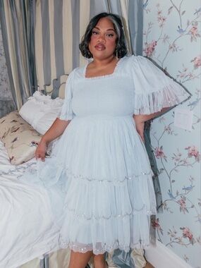JessaKae Tulle Tiered North Dress 4X Smocked Romantic Cottagecore Midi Ice Blue